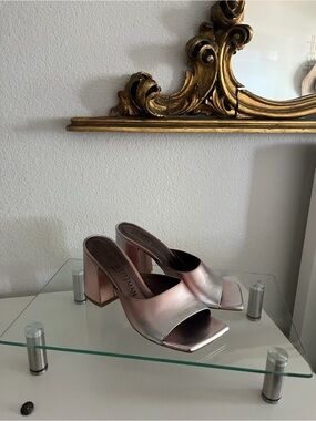 Stuart Weitzman Metallic Rose Open-Toe Block Heel Mules